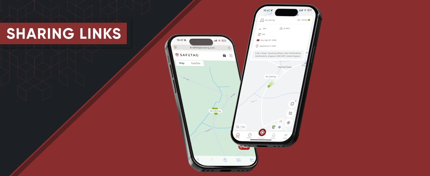 Two smartphone screens displaying a sharing links interface against a dark red background.