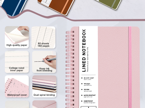Journaling Notebooks for Work, School, Women, Men, College Ruled Spiral Notebook