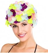 Housoutil Retro Floral Swim Cap for Women Vintage Flower Swimming Hat with Handcrafted Petals Pin...