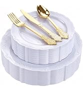 DaYammi 150Pcs White Plastic Plates & Gold Plastic Silverware, White Disposable Plates for Party ...
