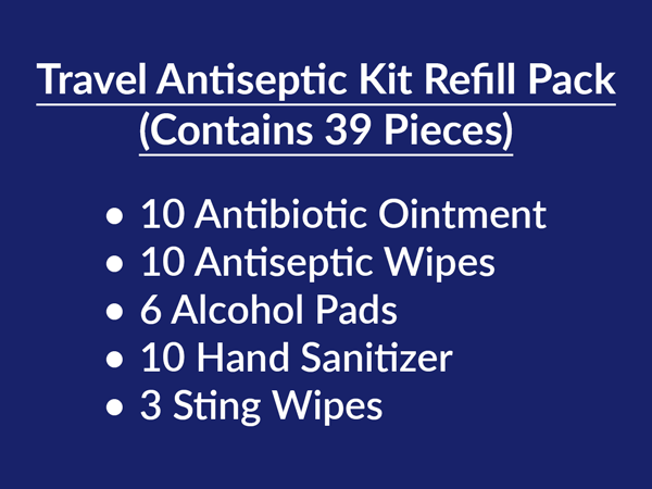 travel antiseptic kit refill pack 39 pieces sting relief BZK triple antibiotic hand sanitizer prep