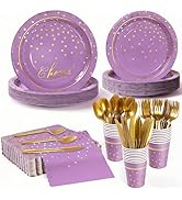 OuMuaMua Purple Gold Disposable Plates Party Supplies for 24 Guests, 168 Pcs Purple Plates, Cups ...