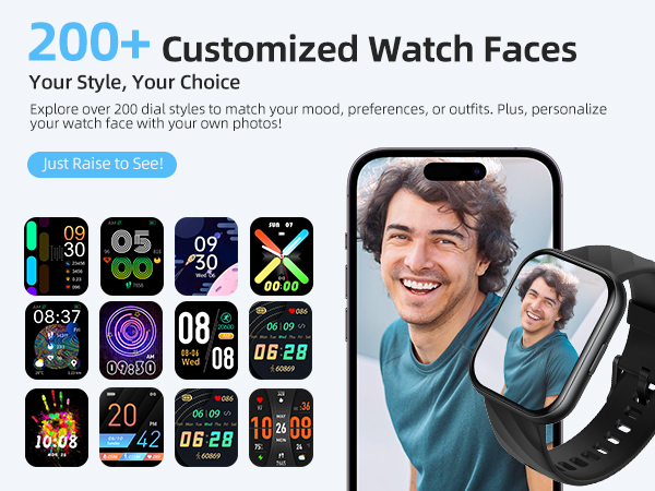 Smartwatch advertisement showcasing multiple customizable watch faces. Features over 200 designs and an image of the watch on a person's wrist.