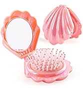 Iridescent Shell Folding Hair Brush with Mirror, Compact Travel Size Mermaid Hair Brush for Purse...