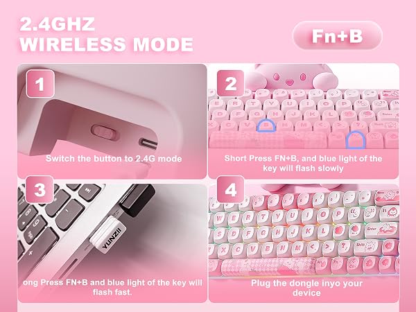 Text reads '2.4GHZ WIRELESS MODE' and 'Fn+B'. Pink wireless keyboard shown with four numbered instruction panels displaying pairing, switch modes, and key functions.