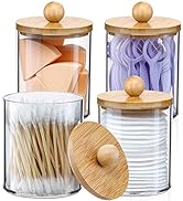 4 Pack Qtip Holder Dispenser with Bamboo Lids - 10 oz Clear Plastic Apothecary Jar Containers for...