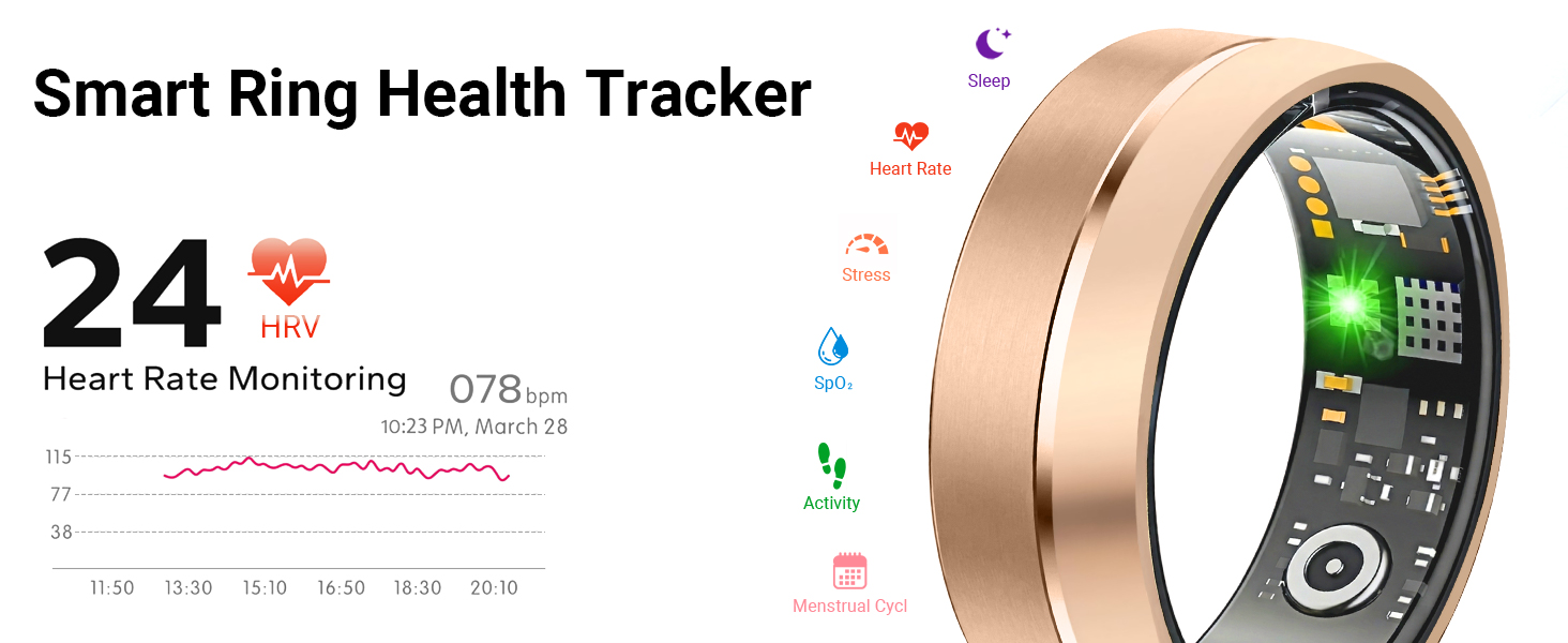 Smart ring tracks heart rate, HRV, SpO2, sleep, stress, and activity for everyday fitness tracking.
