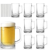 SOUJOY 8 Pack Glass Stein, 12 Oz Clear Freezer Beer Cup with Handle and Straw, Heavy Duty Drinkin...
