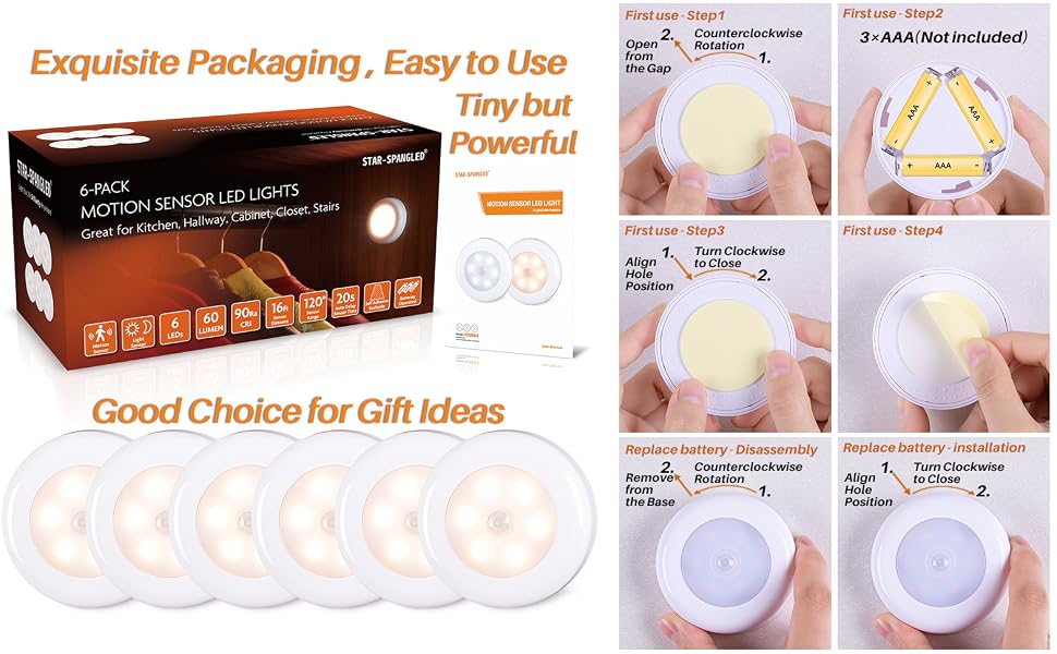 LED Motion Sensor Lights, Stick on Lights, Puck Lights, Closet Lights,Night Lights, STAR-SPANGLED