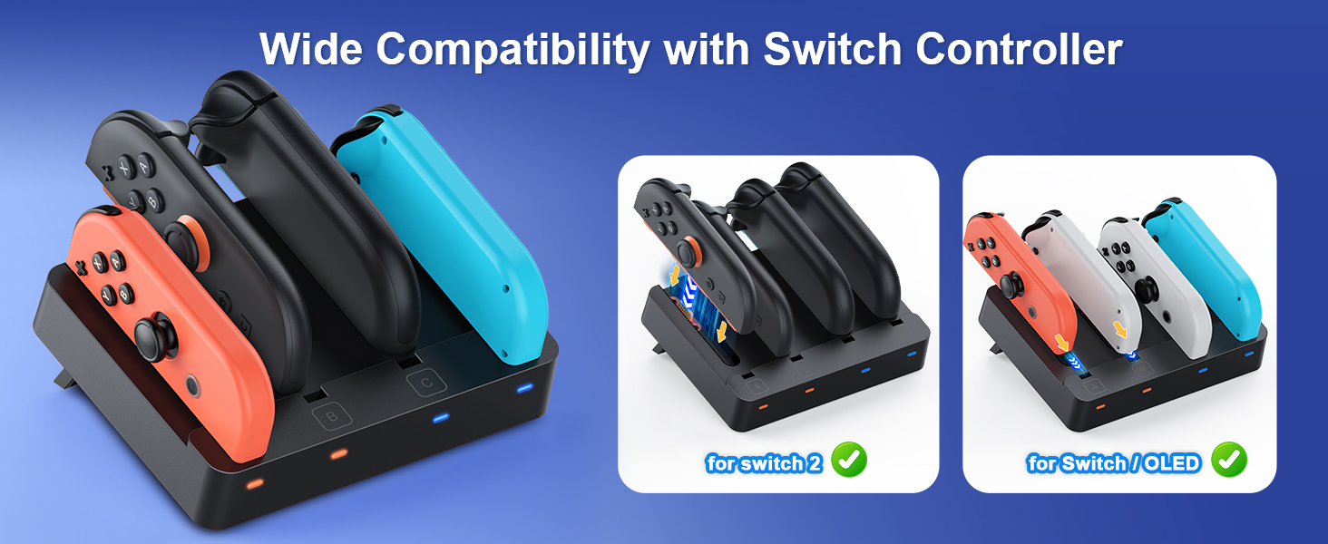 Nintendo Switch controller charging dock with multiple configurations shown. Features black base with spaces for multiple controllers.
