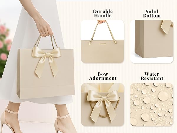 Water-resistant Paper Gift Bag with Durable Handle Solid Bottom Bow Adornment