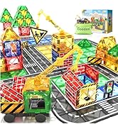 Kids Games Magnetic Tiles Road Set with Extendable Magnetic Crane, City Construction Building Toy...