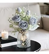 JOHOUSE Artificial Flowers with Vase, 12.5 Inch Grey Faux Rose Arrangement Fake Flowers in Vase w...