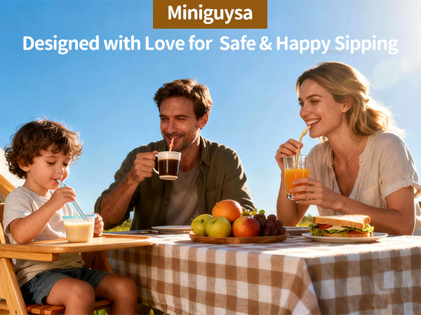 Happy family using Miniguysa reusable silicone straws for kids & adults during an outdoor picnic.