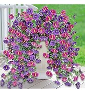 4PCS Artificial Fake Hanging Flowers Plants for Outdoor, Summer Faux Petunias with Eucalyptus Lea...