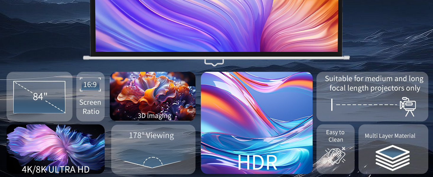 Large-screen display showcasing vibrant colors and HDR technology. Features include 84-inch screen, 16:9 aspect ratio, 4K/8K ultra HD resolution, 178° viewing angle, and multi-layer glass design.