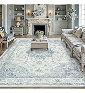 PureCozy Blue Area Rug 8x10 Washable Vintage Carpet for Living Room Bedroom Large Soft Retro Low ...