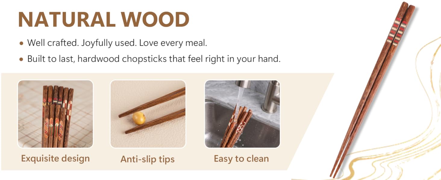 Hardwood Chopsticks Reusable Japanese Style Dishwasher Safe Wooden Chop Sticks