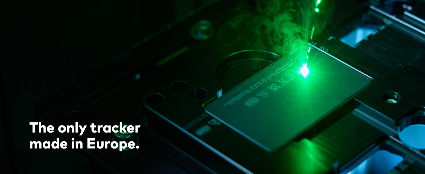 Text reads 'The only tracker made in Europe.' Digital circuit board display with illuminated green and blue LED lights showcasing electronic tracking device technology on dark background.