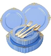 Joyido 125PCS Blue and Gold Plastic Plates - Airy Blue Disposable Plate - Gorgeous Plates with Go...