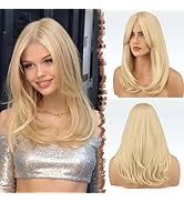 FESHFEN Blonde Wigs with Bangs - Long Layered Straight Light Blonde Natural Looking Synthetic Hai...