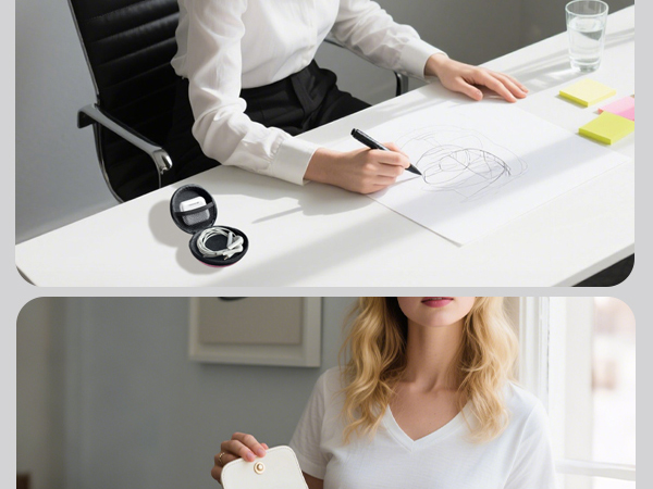 Overhead view of hands writing on documents at white desk with black washi tape rolls visible. Business planning or documentation scene.