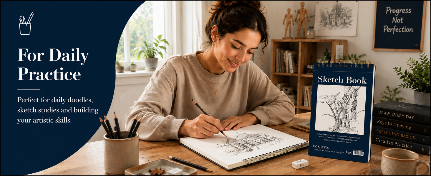 Artist using a Fuxi small sketch book for daily sketching and steady sketch practice at home.