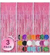 Voircoloria 3 Pack 3.3x8.2 Feet Laser Pink Foil Fringe Backdrop Curtains, Tinsel Streamers Birthd...