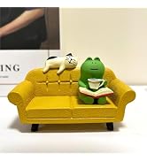 Eysinyge Miniature Yellow Sofa Figurine Set with Reading Frog and Cat, Cute Desk Decor, Funny Gif...