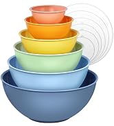 6-Piece Plastic Mixing Bowl Set with Lids for Kitchen, Nesting Storage Bowls for Baking, Prepping...
