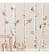 Supzone Large Birch Tree Wall Decals 5 White Tree Forest Birds Wall Stickers Peel and Stick Wall ...