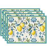 Artoid Mode Blue Lemon Iris Summer Placemats Set of 4, 12x18 Inch Seasonal Table Mats for Party K...