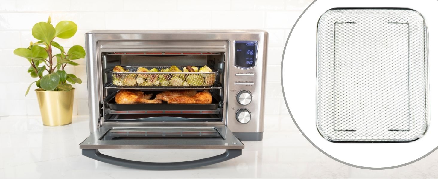 Kenmore digital toaster oven air fryer on a kitchen counter with inset closeup of dehydrator basket