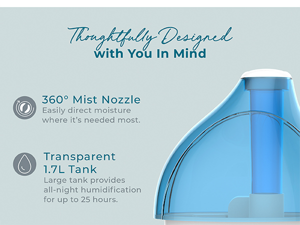 thoughtfully designed transparent tank night light 360 mist nozzle whisper quiet auto shut off