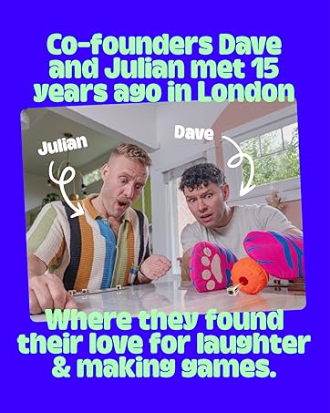 Two people outdoors with colorful toys. Text overlay: 'Co-founders met 15 years ago in London where they found their love for laughter & making games.'