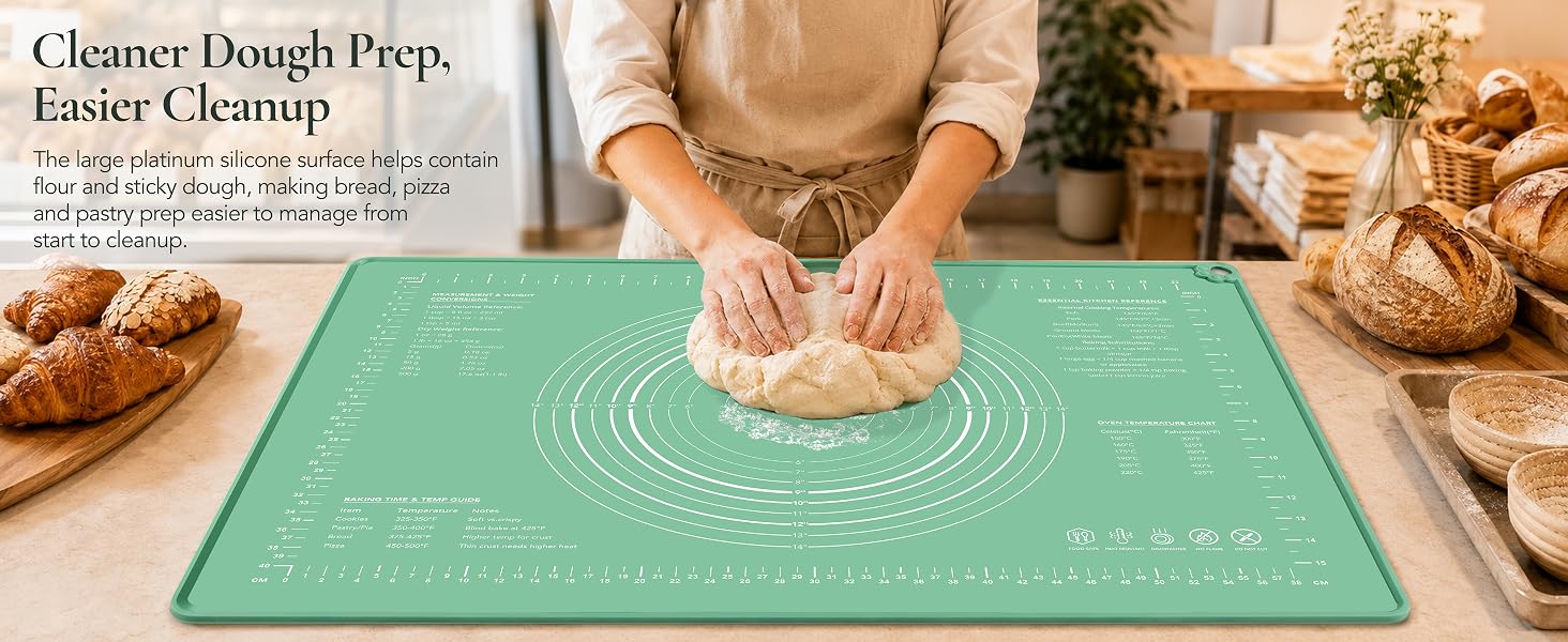 KOYMILEY green platinum silicone pastry mat used for rolling dough on a clean kitchen counter.