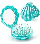 Iridescent Shell Folding Hair Brush with Mirror, Compact Travel Size Mermaid Hair Brush for Purse...