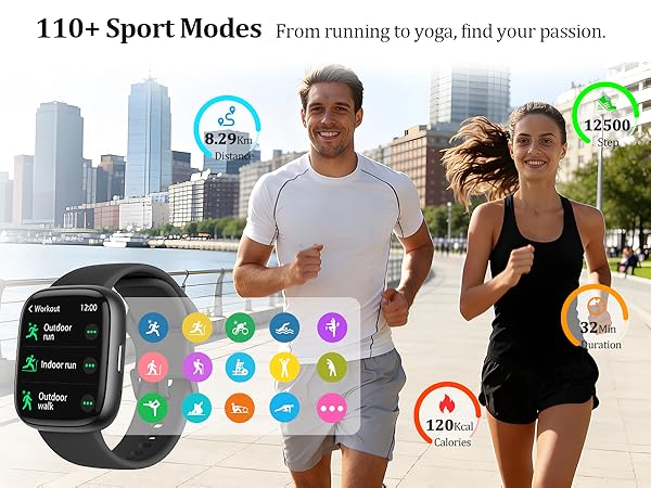 Text reads '110+ Sport Modes' and 'From running to yoga, find your passion.' Smartwatch interface showing multiple sport mode icons and activity tracking features.