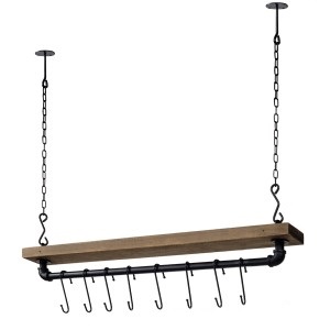 Industrial Pipe & Wood Ceiling Mounted Hanging Pot Rack with 8 S-Hooks
