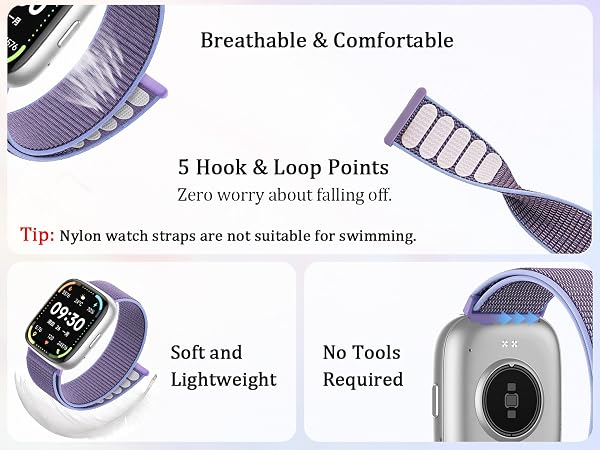 Text reads 'Breathable & Comfortable', '5 Hook & Loop Points', 'Soft and Lightweight', 'No Tools Required', 'Tip: Nylon watch straps are not suitable for swimming'. Product appears to be watch strap components.