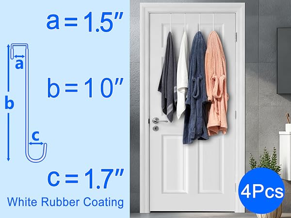 Two bath towels and two bathrobes hang from four hooks on bathroom door with hook size