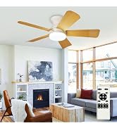 Depuley Modern Ceiling Fan with Light: 35-Inch White Small Fans for Bedroom Indoor Outdoor - Dimm...