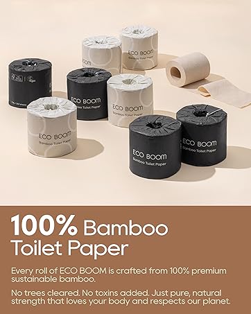 Hypoallergenic unscented ECO BOOM bamboo toilet paper, toxin-free sensitive skin septic safe tissue.