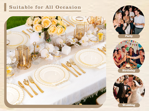 100 Pack Ivory Scalloped Plastic Plates - 7.25 Inch/10.25 Inch Gold Disposable Plates with Gold Rim
