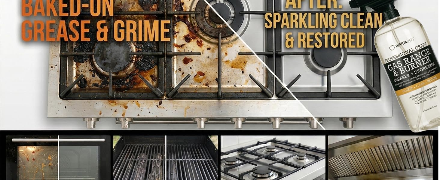 Cleans baked on grease and grime, leaving a sparkling clean and restored range.