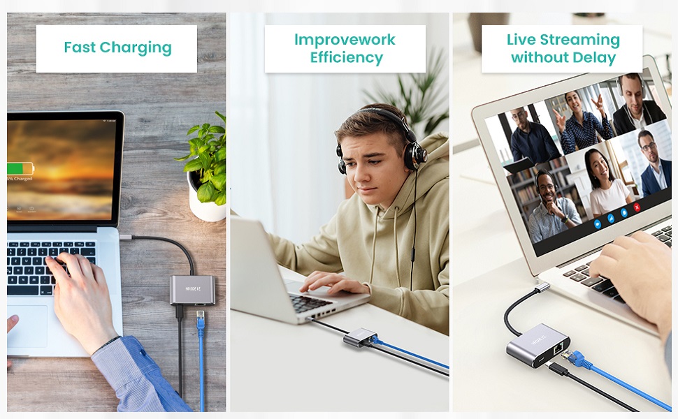 USB C Gigabit Ethernet Adapter with 60W Charging Port