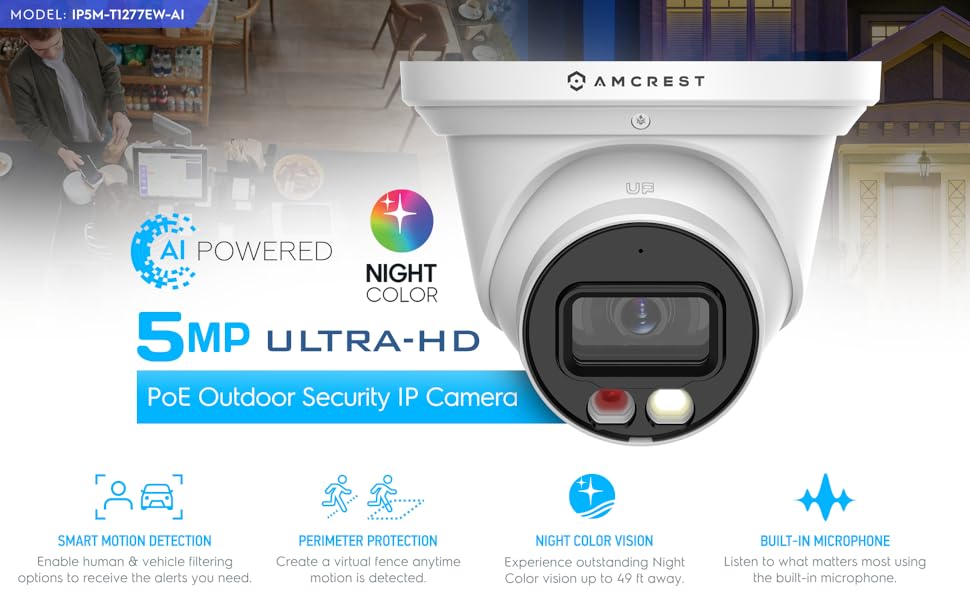 AI 5MP UHD PoE Turret IP Camera night vision, 129 wide view angle 5mp resolution ip67 weatherproof