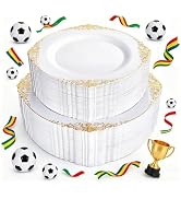 Joyido 100PCS White and Gold Plastic Plates - Heavy Duty Gold Disposable Plates Include 50PCS 7.5...