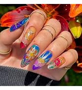 LBPEPAMZ 24Pcs Colorful Press on Medium Almond Fake Nails with Stained Window Glass Designs Flowe...