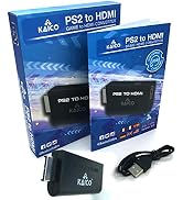 Text reads 'PS2 to HDMI' on blue product packaging. Shows converter device and USB cable. Product box displays blue sky background with tech-style graphics.